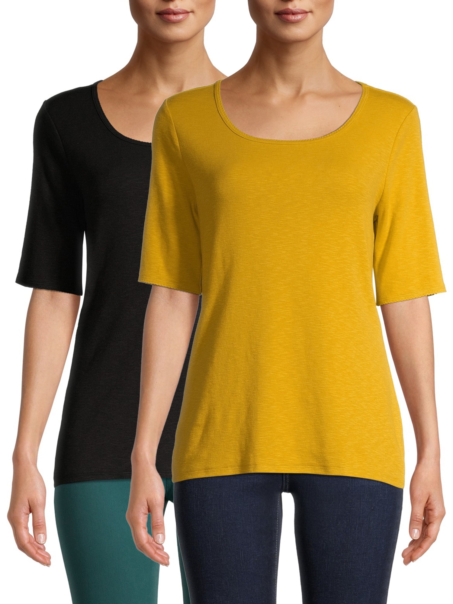 Time and Tru Women's Scoop Neck Elbow Sleeve TShirt, 2 Pack