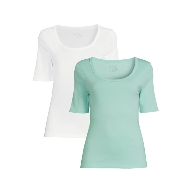 Time and Tru Women's Scoop Neck Tee with Elbow Length Sleeves, 2 Pack