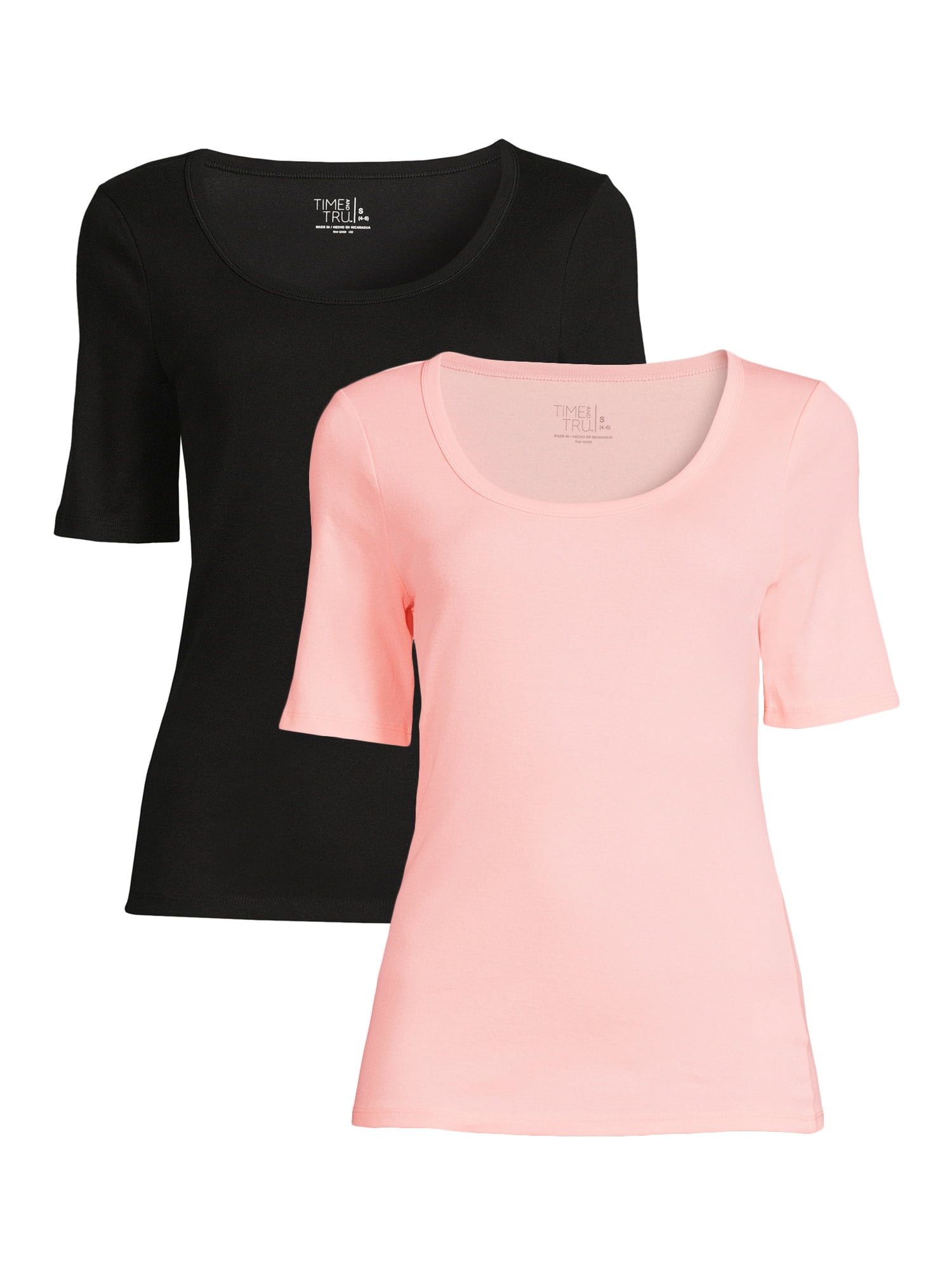 Time and Tru Women's Scoop Neck Tee with Elbow Length Sleeves, 2- Pack ...