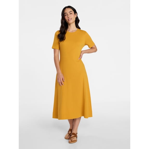 Time and Tru Women's Seamed Cotton Midi Dress, Sizes XS-XXXL