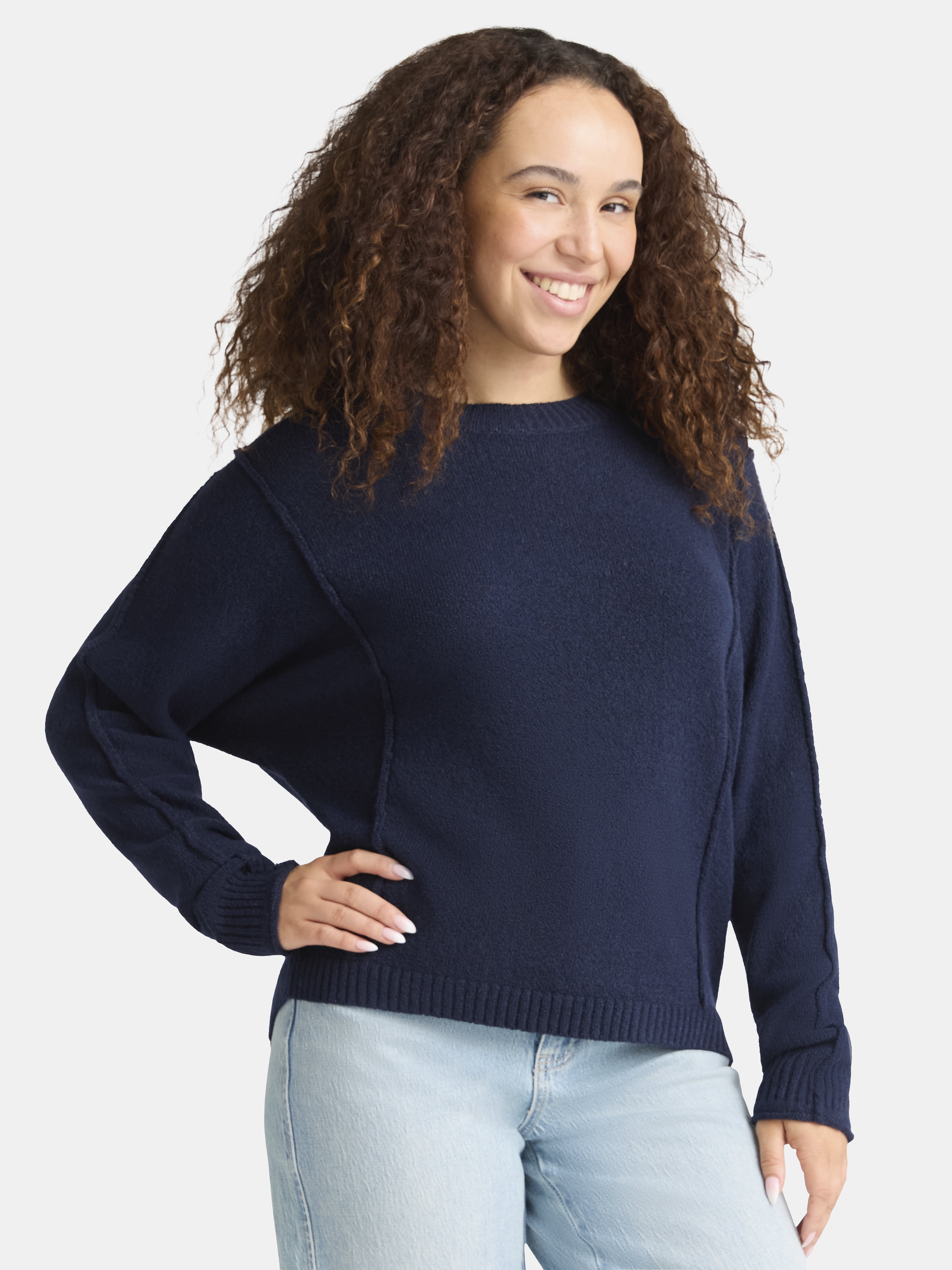 Time and Tru Women's Seamed Sweater with Long Sleeves, Midweight, Sizes XS-XXXL