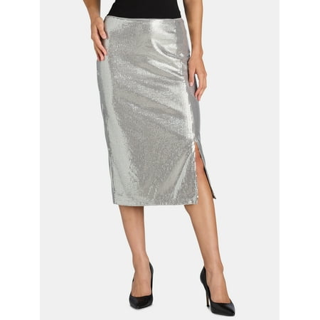 Time and Tru Women's Sequin Skirt with Side Slit, Sizes XS-XXXL