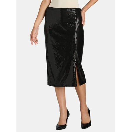 Time and Tru Women's Sequin Skirt with Side Slit, Sizes XS-XXXL