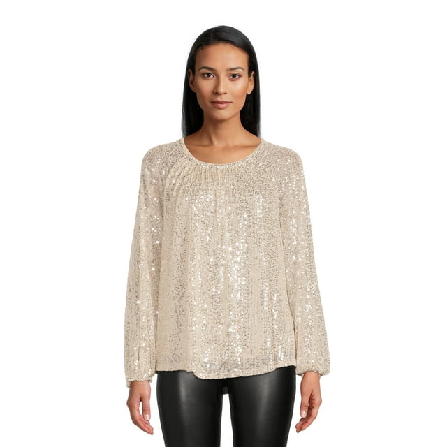 Time and Tru Women's Sequined Top with Long Sleeves - Walmart.com