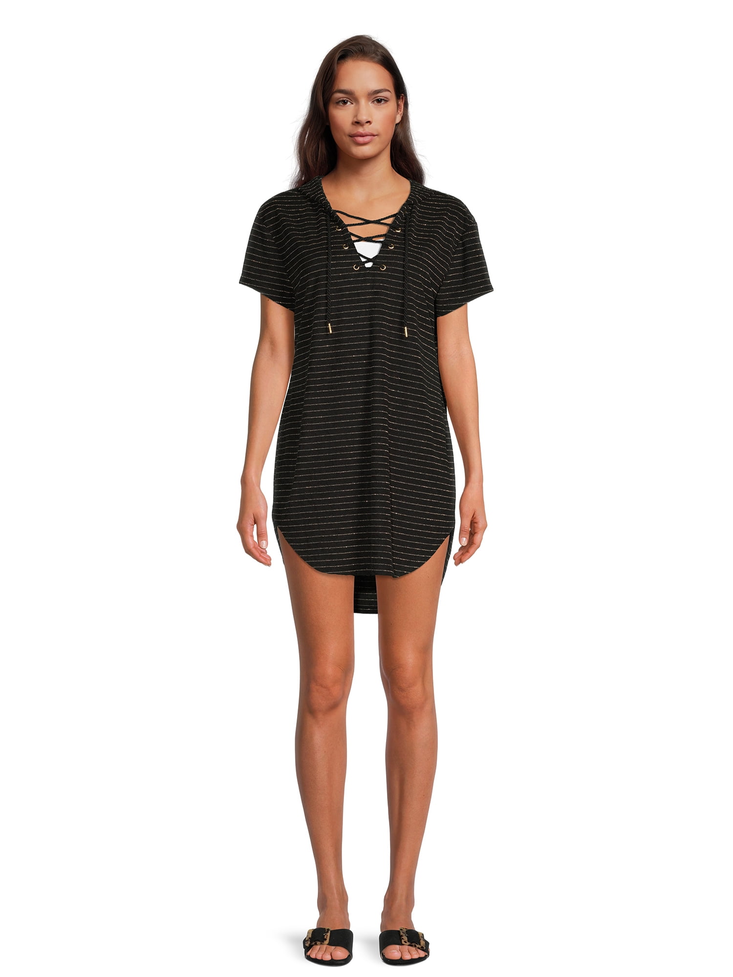 Time and Tru Women's Shimmering Stripe Terry Cloth Coverup with Hood
