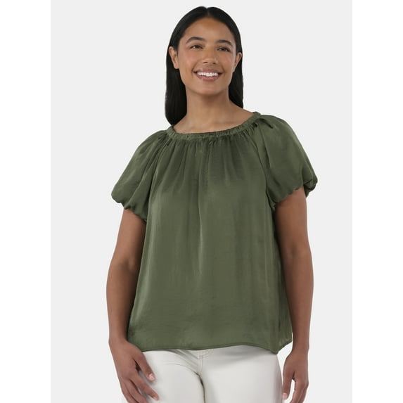 Time and Tru Women's Shirred Satin Top with Short Sleeves, Sizes XS-XXXL