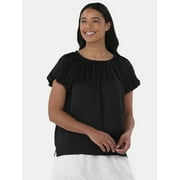 TIME AND TRU Women's Shirred Satin Top with Short Sleeves, Sizes XS-XXXL