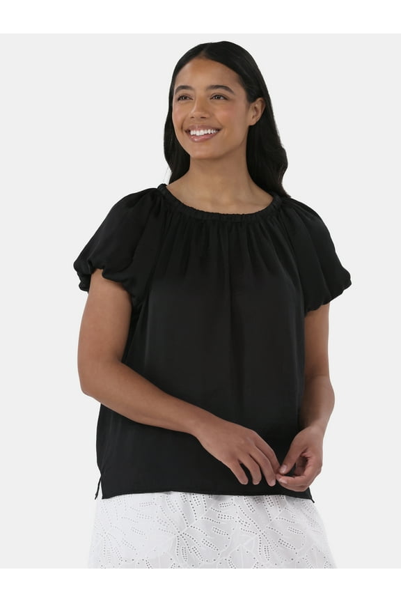 Women's Shirred Satin Top with Short Sleeves, Sizes XS-XXXL