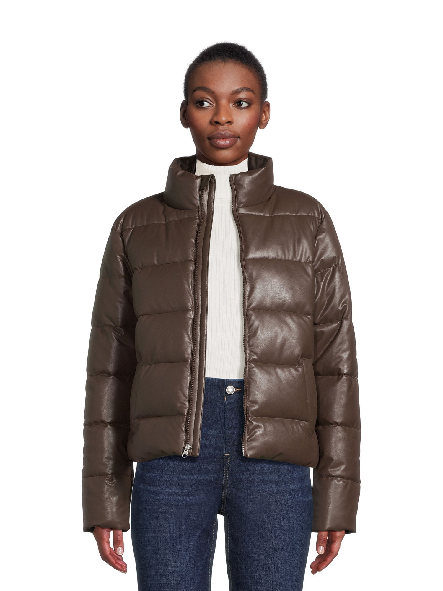Time and Tru Women's Short Faux Leather Puffer Jacket, Sizes XS-3X ...