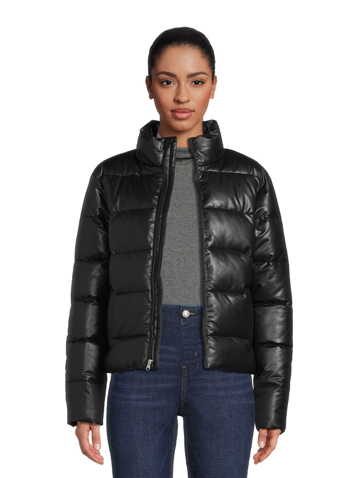 Time and Tru Women's Short Faux Leather Puffer Jacket, Sizes XS-3X ...