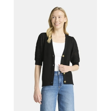 Time and Tru Women's Mixed Stitch Cardigan Sweater with Elbow Length Sleeves, Sizes XS-XXXL