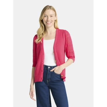 Time and Tru Women's Mixed Stitch Cardigan Sweater with Elbow Length Sleeves, Sizes XS-XXXL