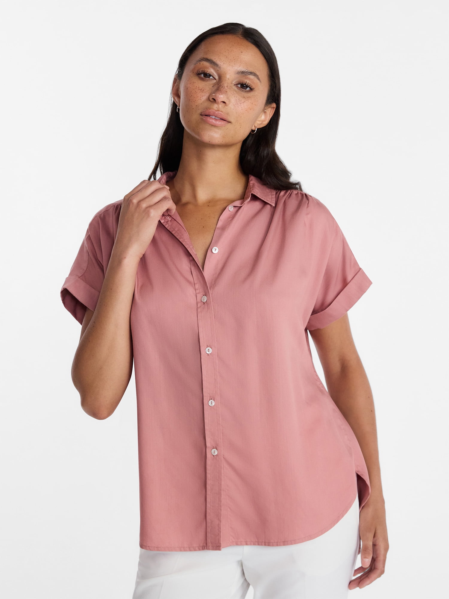 Time and Tru Women's Chambray Camp Shirt with Short Sleeves, Sizes XS-XXXL