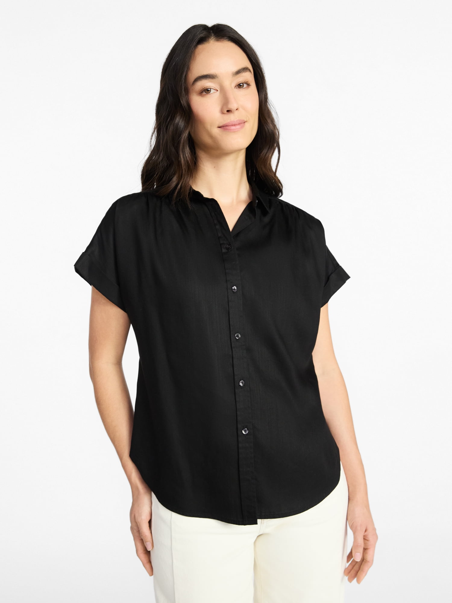 Time and Tru Women's Chambray Camp Shirt with Short Sleeves, Sizes