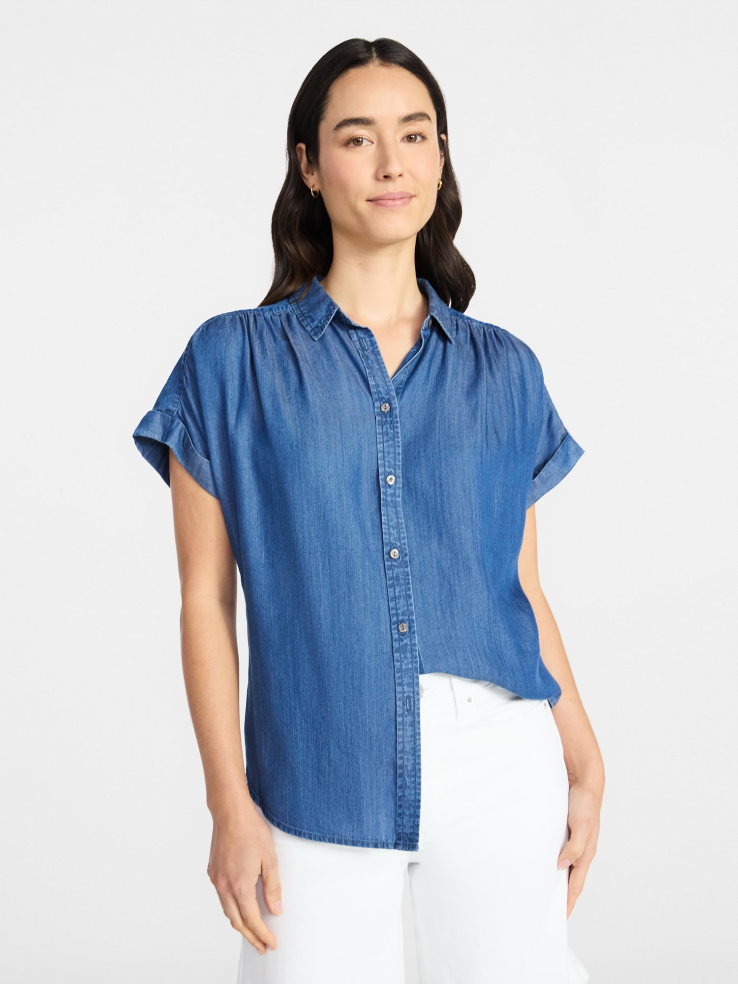 Time and Tru Women's Chambray Camp Shirt with Short Sleeves, Sizes XS-XXXL