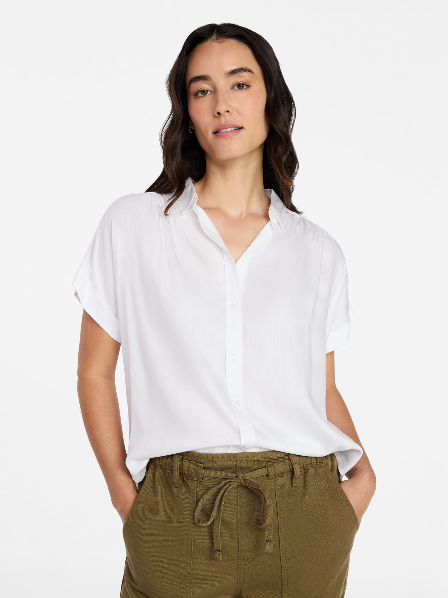 Time and Tru Women's Chambray Camp Shirt with Short Sleeves, Sizes XS-XXXL