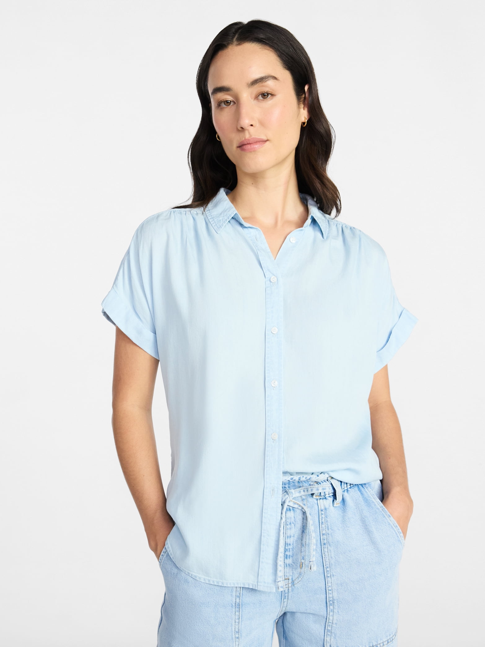 Time and Tru Women's Chambray Camp Shirt with Short Sleeves, Sizes XS-XXXL