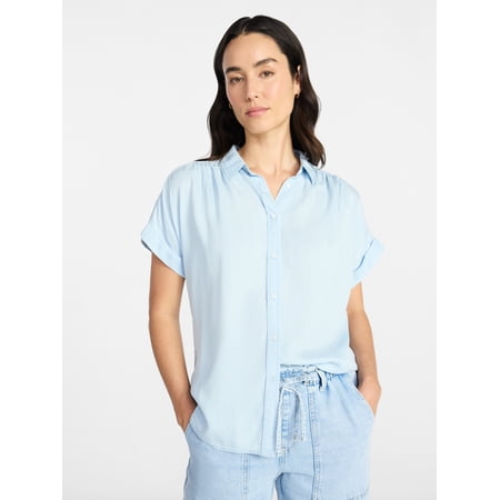 Time and Tru Women's Chambray Camp Shirt with Short Sleeves, Sizes XS-XXXL
