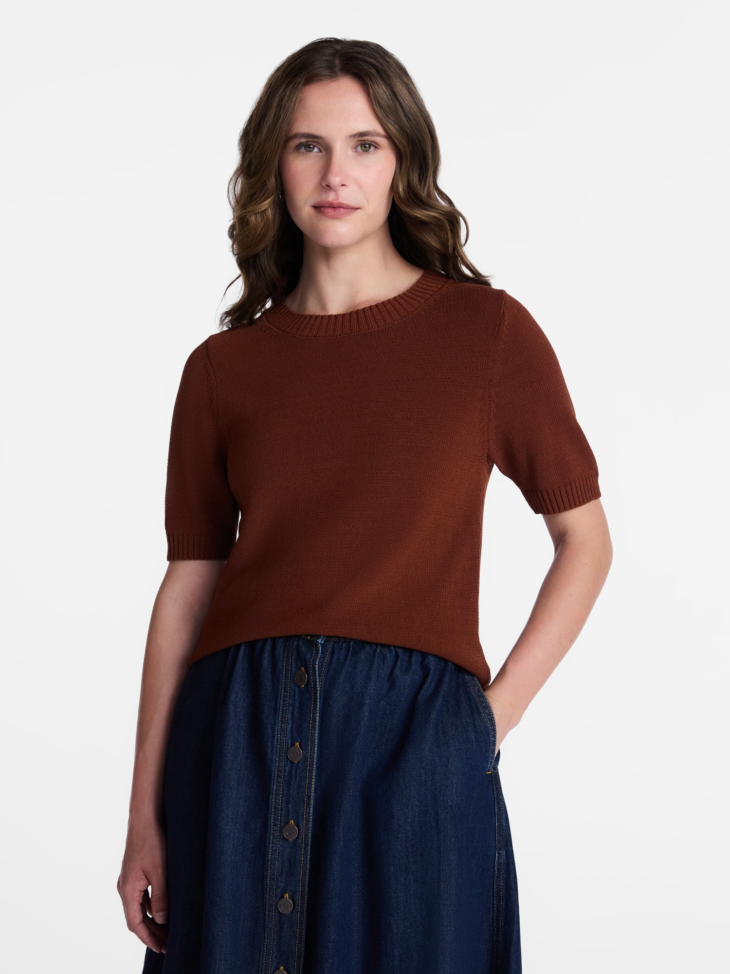 Time and Tru Women's Crewneck Sweater with Short Sleeves, Lightweight, Sizes XS-XXXL