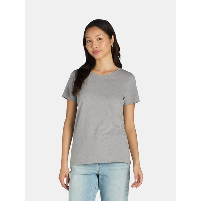 Time and Tru Women's Cotton Crewneck Tee with Short Sleeves, Size XS-XXXL