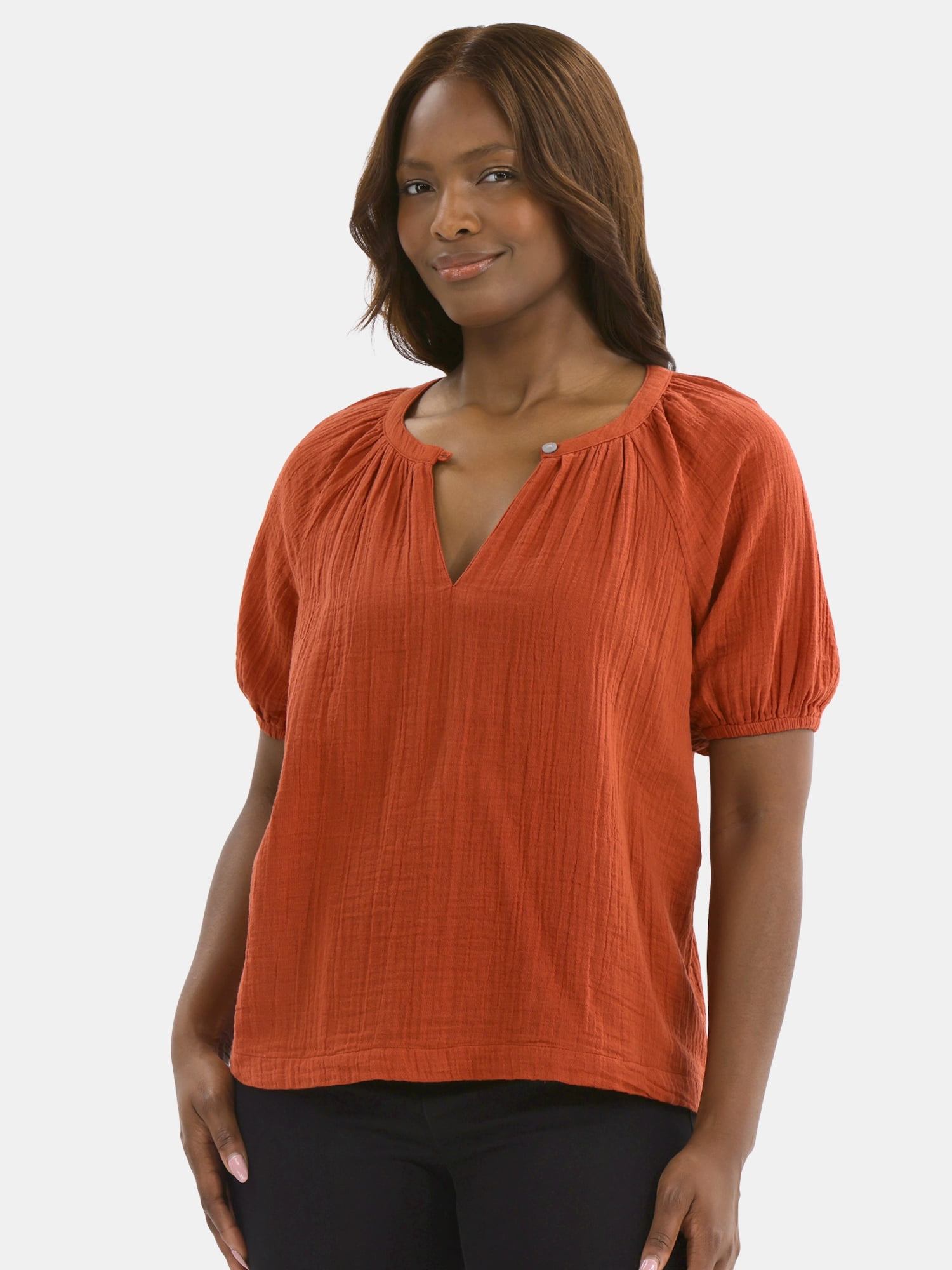 Time and Tru Women's Double Cloth Cotton Top with Short Sleeves, Sizes XS-XXXL