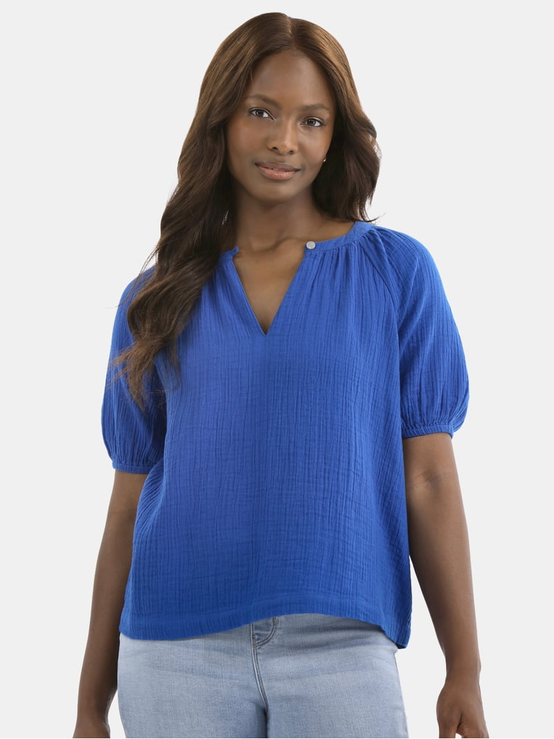 Time and Tru Women's Double Cloth Cotton Top with Short Sleeves Time and Tru Women's Double Cloth Cotton Top with Short Sleeves