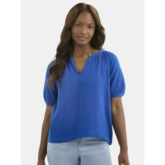 Time and Tru Women's Double Cloth Cotton Top with Short Sleeves, Sizes XS-XXXL