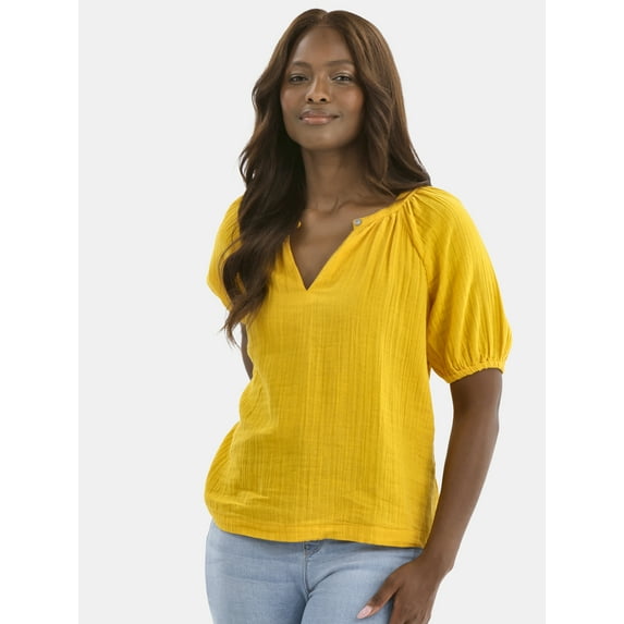 Time and Tru Women's Double Cloth Cotton Top with Short Sleeves, Sizes XS-XXXL