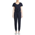thumbnail image 1 of Time and Tru Women's Short Sleeve Elastic Tie Waist  Knit Jumpsuit, 1 of 5