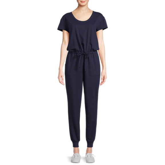Time and Tru Women's Short Sleeve Elastic Tie Waist  Knit Jumpsuit