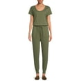 thumbnail image 1 of Time and Tru Women's Short Sleeve Elastic Tie Waist  Knit Jumpsuit, 1 of 5