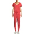 thumbnail image 1 of Time and Tru Women's Short Sleeve Elastic Tie Waist  Knit Jumpsuit, 1 of 5