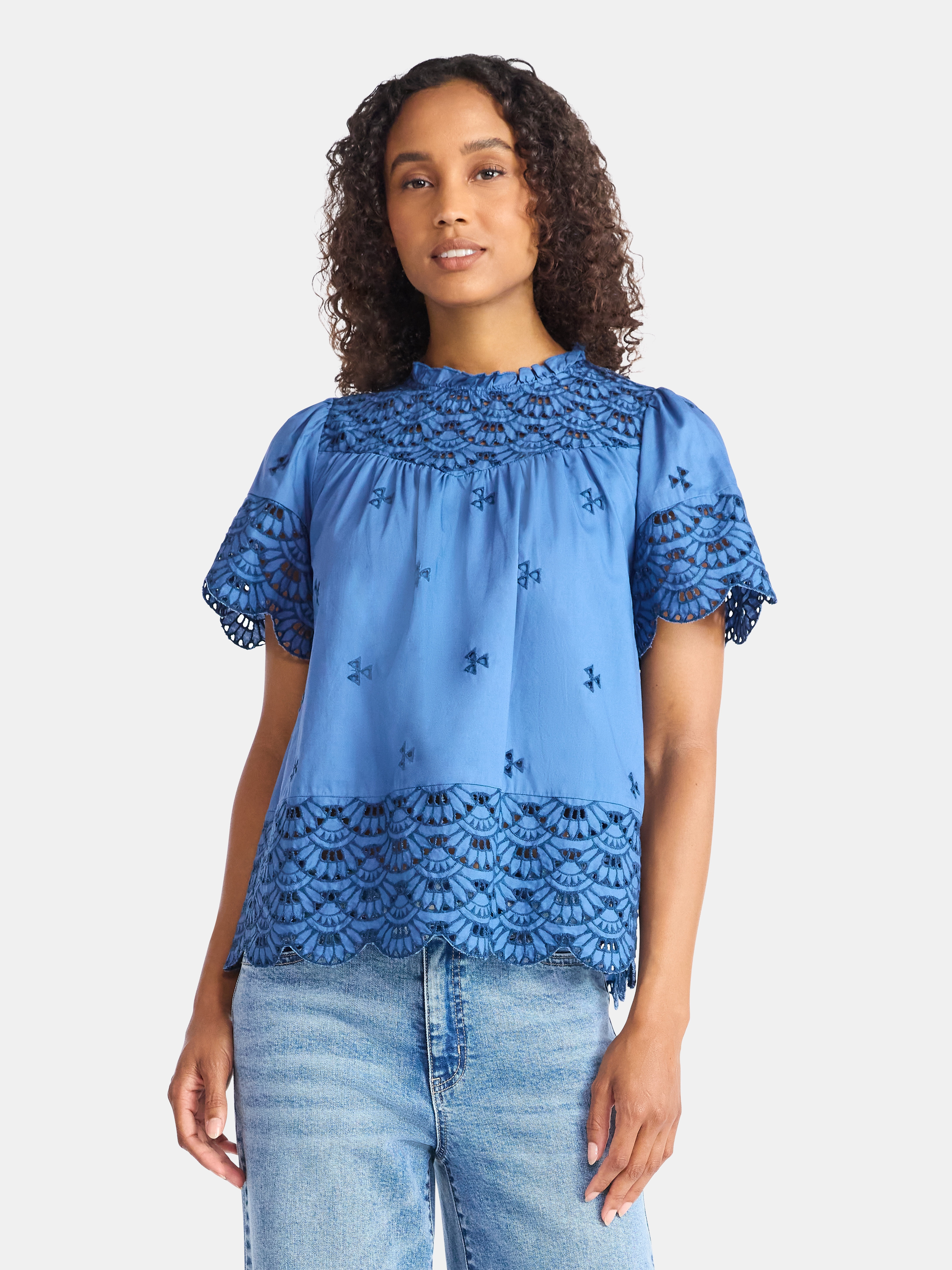 Time and Tru Women's Cotton Eyelet Top with Short Sleeves, Sizes XS-XXXL