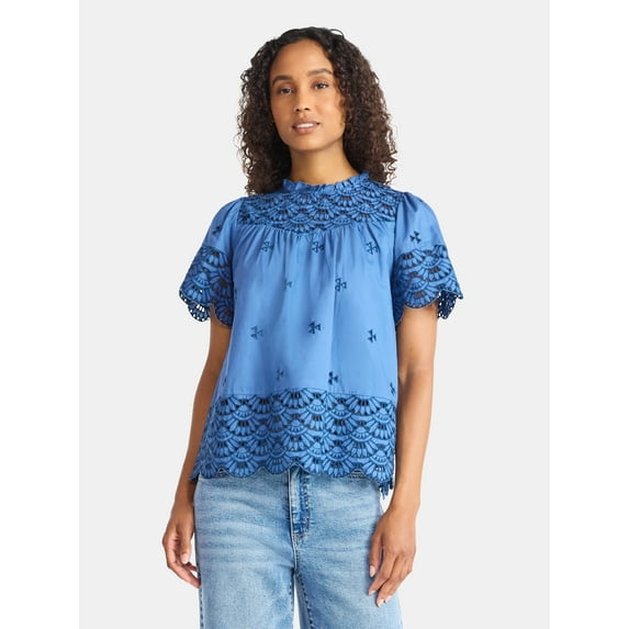 Time and Tru Women's Cotton Eyelet Top with Short Sleeves, Sizes XS-XXXL