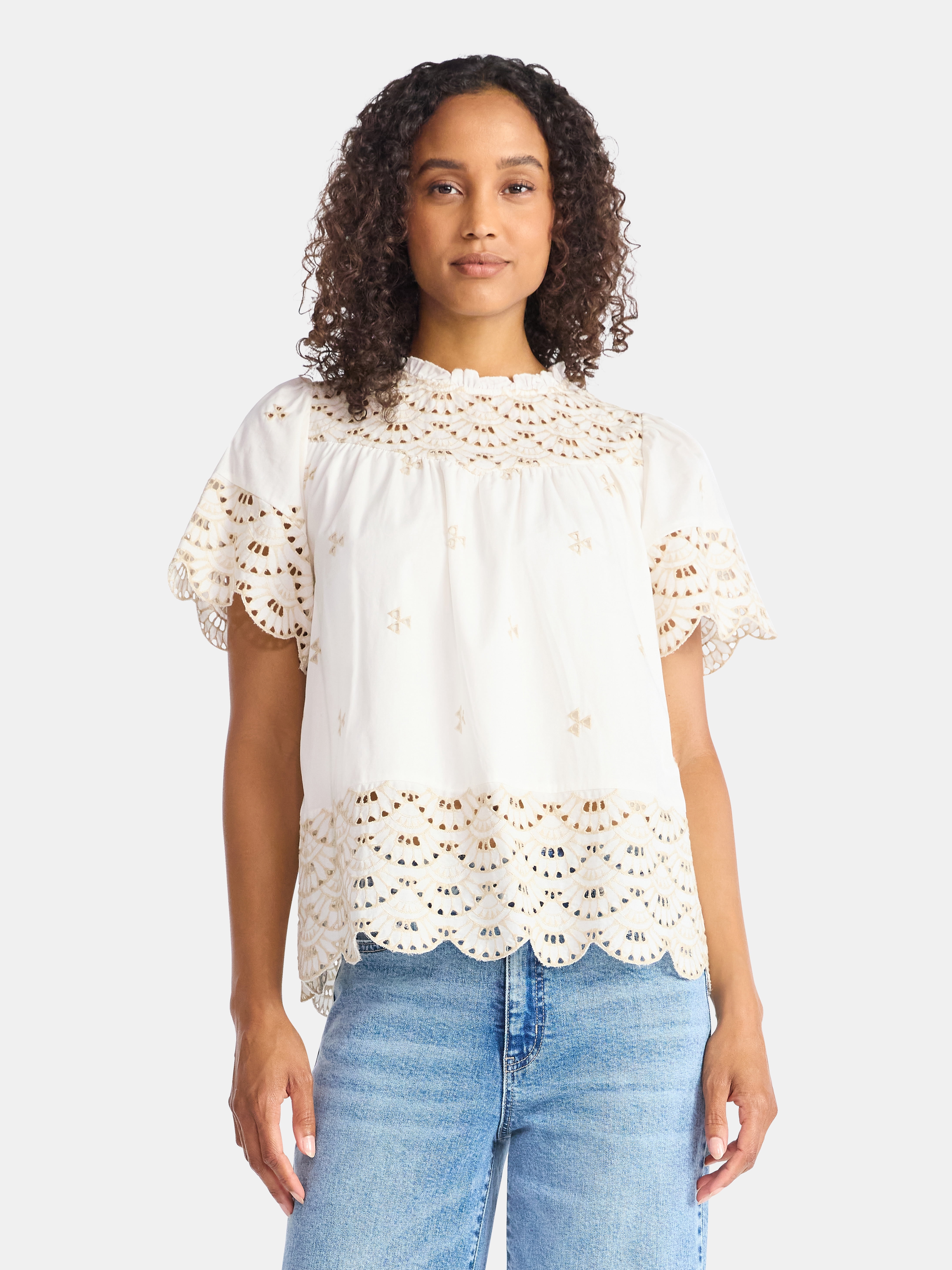 Time and Tru Women's Cotton Eyelet Top with Short Sleeves, Sizes XS-XXXL