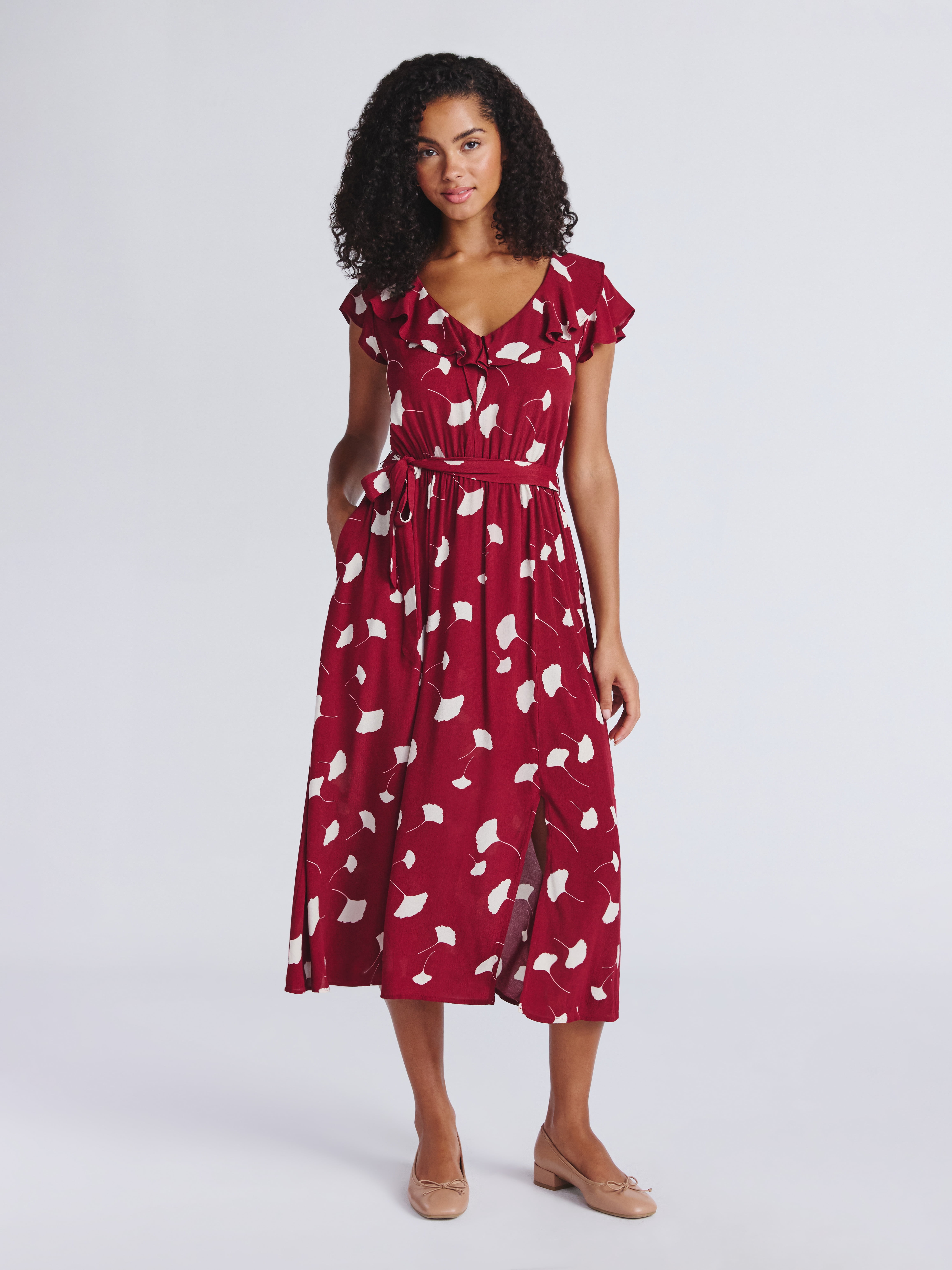 Time and Tru Women's and Women's Plus Ruffle Midi Dress with Flutter Sleeves, Sizes XS-4X