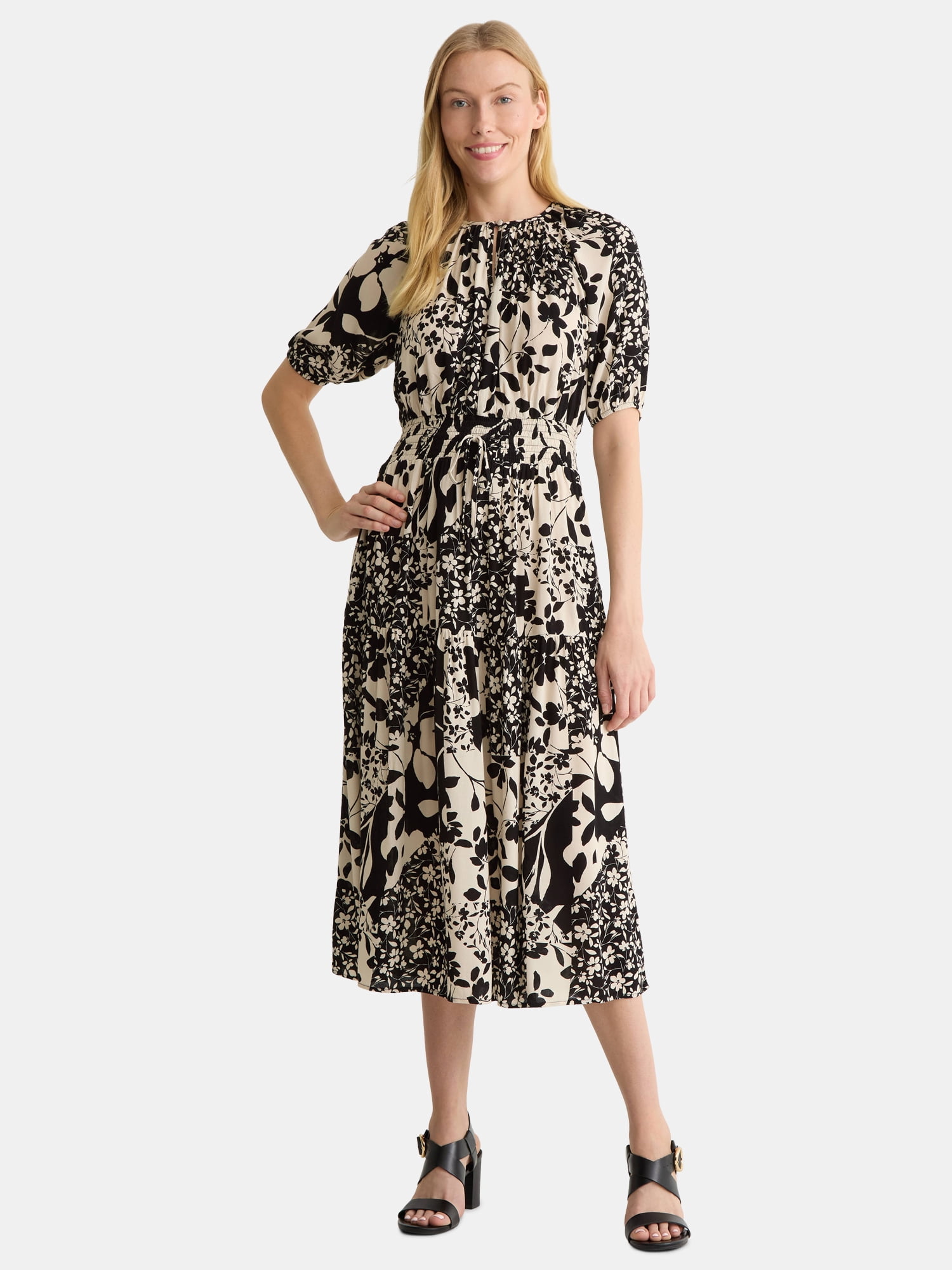 Time And Tru Women's Tiered Smocked Waist Midi Dress with Short Sleeves, Sizes XS-XXXL