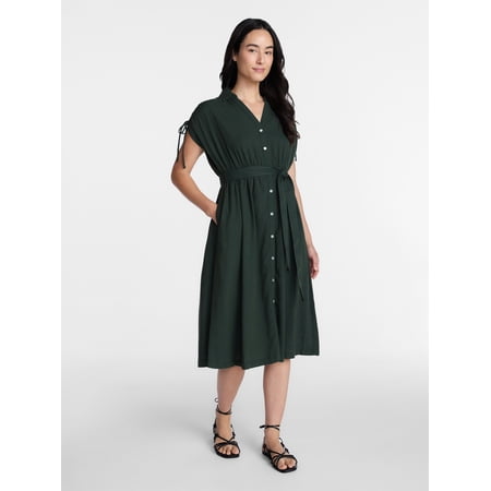 Time and Tru Women's Short Sleeve Midi Linen Blend Shirtdress, Sizes XS-XXXL