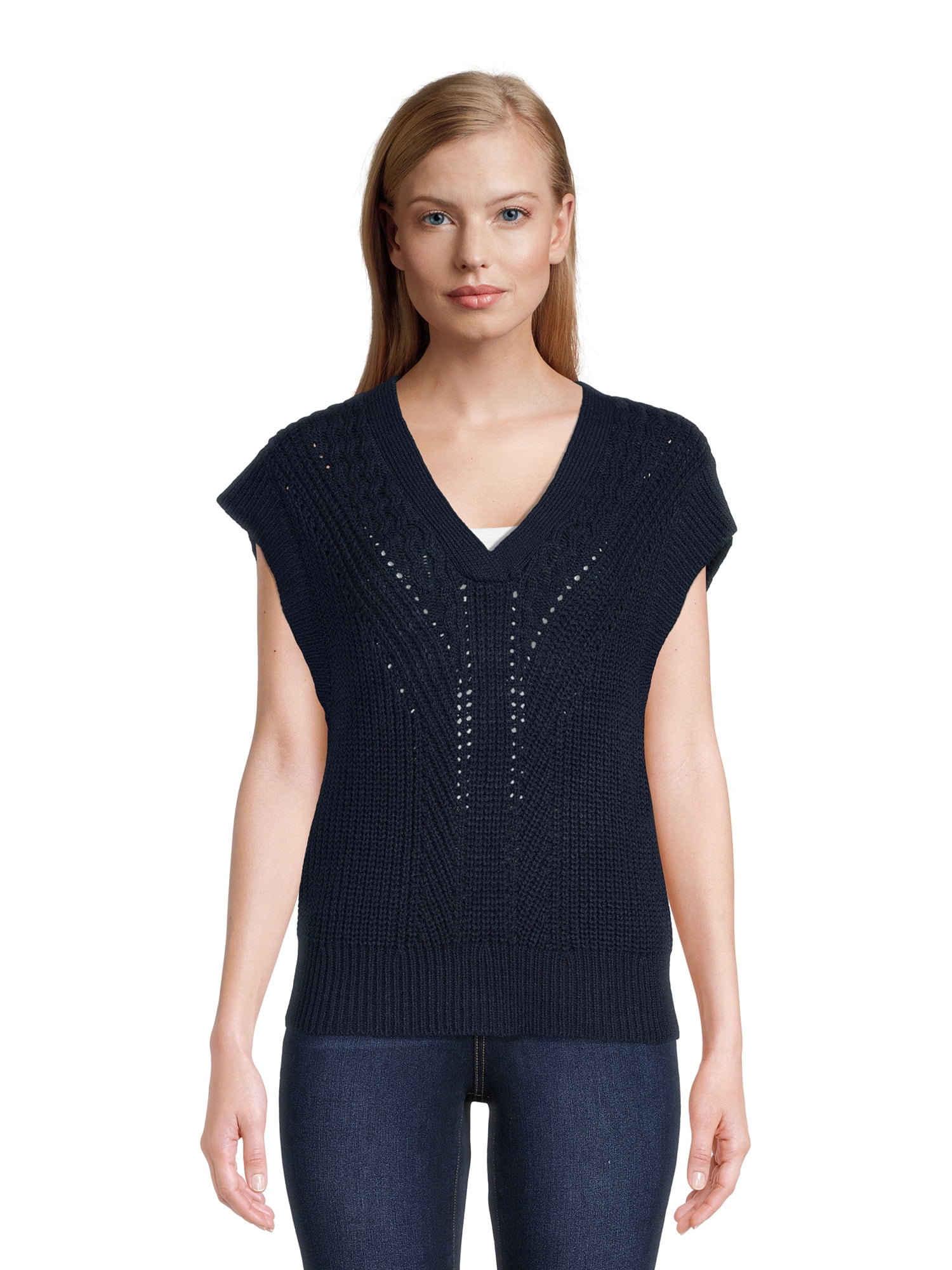 Time and Tru Women's Short Sleeve Midweight Pointelle Sweater Vest -  Walmart.com