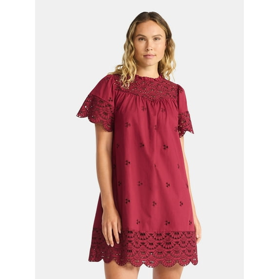 Time and Tru Women's Cotton Eyelet Mini Dress with Short Sleeves, Sizes XS-XXXL