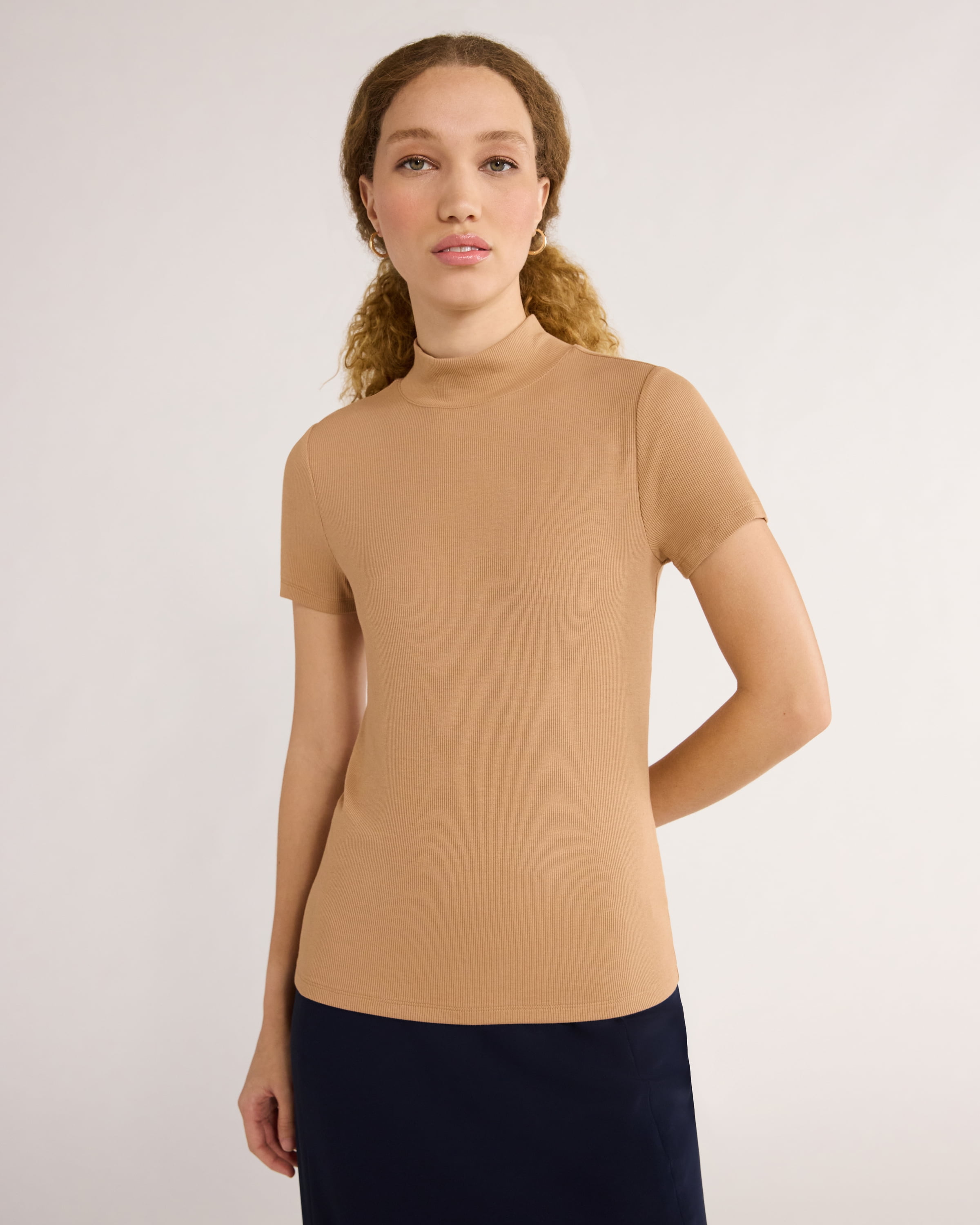 AUHEGN Women's Mock Turtleneck Top – Short Sleeve, Lightweight, Stretchy Active T-Shirt