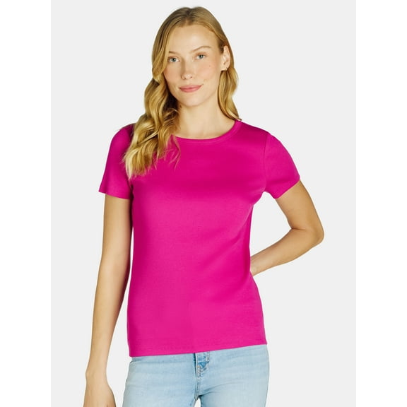 Time and Tru Women’s Rib Crewneck Tee with Short Sleeves, Sizes XS-XXXL