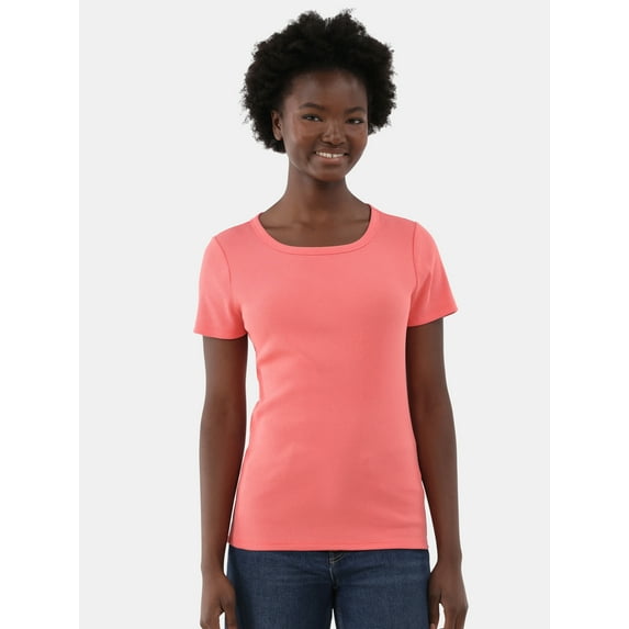 Time and Tru Women’s Rib Crewneck Tee with Short Sleeves, Sizes XS-XXXL