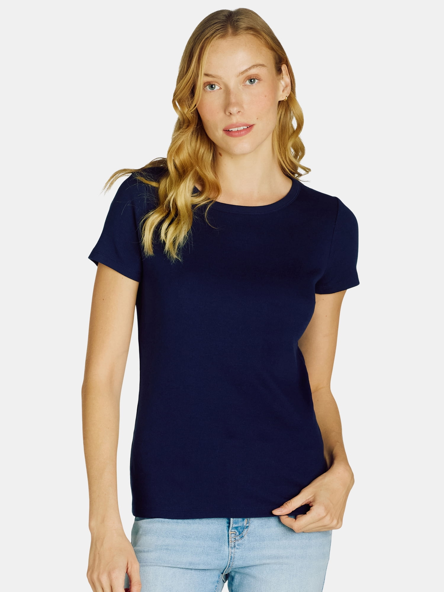 Time and Tru Women’s Rib Crewneck Tee with Short Sleeves, Sizes XS-XXXL
