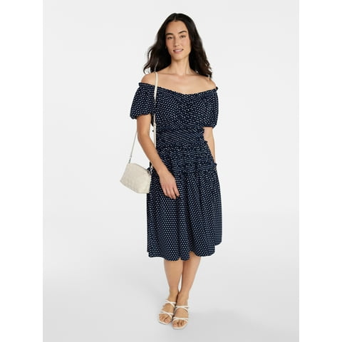 Women's Smocked Midi Dress with Short Puff Sleeves, Sizes XS-XXXL