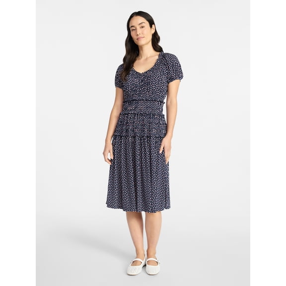 Time and Tru Women's Smocked Midi Dress with Short Puff Sleeves, Sizes XS-XXXL