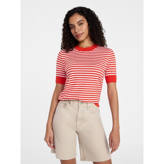Time and Tru Women's Striped Pointelle Sweater with Short Sleeves, Lightweight, Sizes XS – XXXL