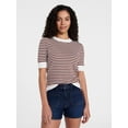 thumbnail image 1 of Time and Tru Women's Stripe Pointelle Rib Sweater with Short Sleeves, Lightweight, Sizes XS-XXXL, 1 of 6