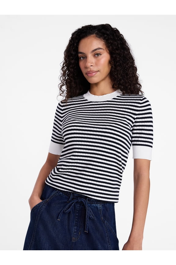 Women's Stripe Pointelle Rib Sweater with Short Sleeves, Lightweight, Sizes XS-XXXL