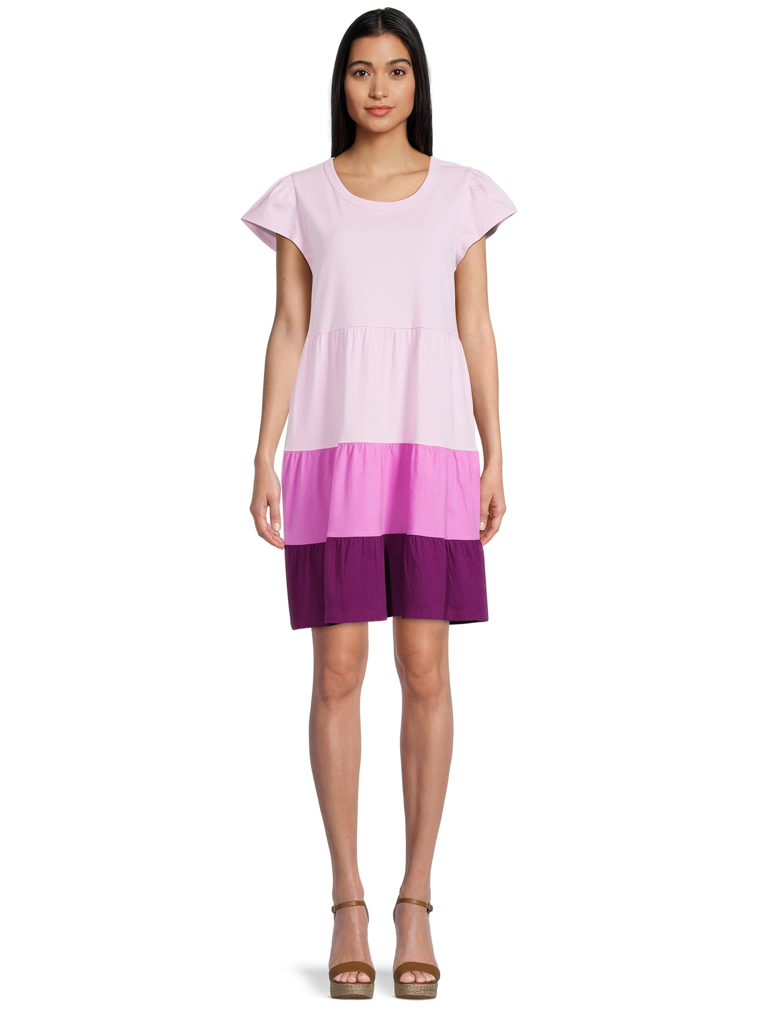 time and tru women's tiered knit dress Time and Tru Women's Short Sleeve Tiered Knit Dress with Pockets